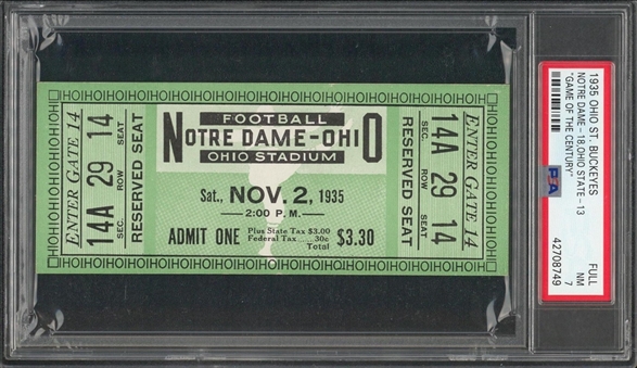 1935 Ohio St. Vs Notre Dame "Game of the Century" Full Ticket - Highest Graded Example! (PSA NM 7)